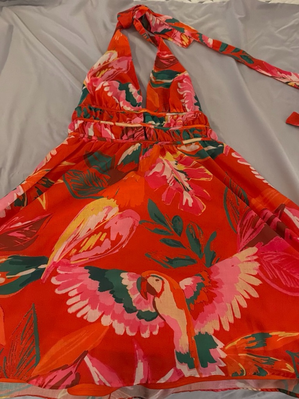 Tropical Halter Mini Dress in Red with Pink & Green Print